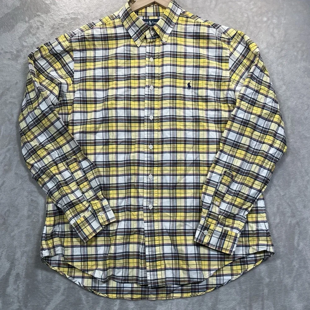 Polo Ralph Lauren Shirt XL 90s VTG Yellow Cotton Plaid Flannel Button READ